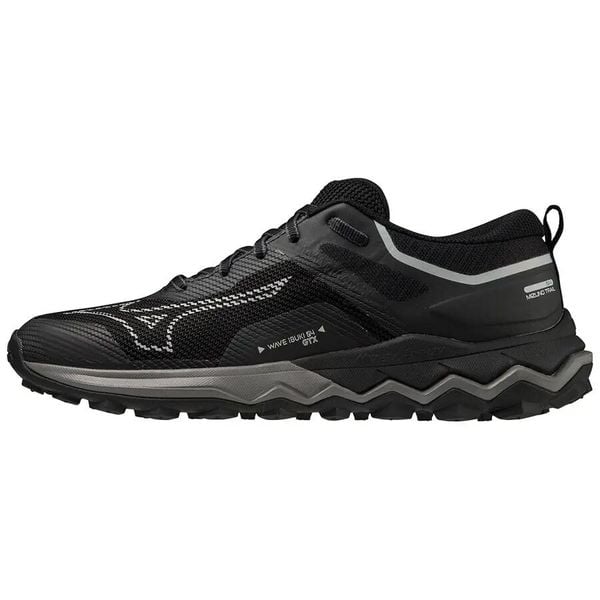 Buty trailowe Mizuno Wave Ibuki 4 GTX. Czarne buty do biegania Mizuno, bez wzorów, z gore-texu, bez zapięcia, do biegania, mizuno wave, gore-tex. Za 309.99 zł.