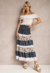 Granatowo-Biała Bawełniana Spódnica High Waist z Gumką w Talii i Ozdobną Koronką Tesaquin. Niebieskie spódnice Renee, l, bez wzorów, z bawełny, maxi. W wyprzedaży za 41.99 zł.
