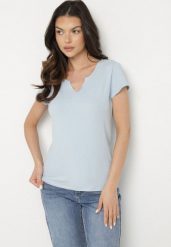 Jasnoniebieski Bawełniany T-shirt z Trójkątnym Dekoltem Ulivaria. Niebieskie t-shirty Born2be, l, bez wzorów, z bawełny, bez kołnierzyka, bez ramiączek. Za 39.99 zł.