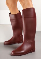 Bordowe Stylowe Kalosze w Stylu Oficerek Nelreia. Czerwone kalosze Renee, bez wzorów, z jeansu, bez zapięcia. Za 89.99 zł.
