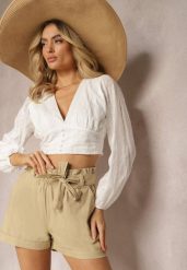 Beżowe Szorty High Waist Wiązane w Pasie Gilalilena. Brązowe szorty Renee, bez wzorów, z materiału, eleganckie. W wyprzedaży za 39.99 zł.