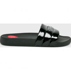 Love Moschino - Klapki. Czarne klapki Love Moschino, bez wzorów, z gumy, bez obcasa, bez zapięcia. W wyprzedaży za 339.90 zł.