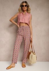 Różowe Spodnie z Bawełny o Prostym Kroju z Gumką w Pasie w Geometryczny Print Avelriz. Czerwone jeansy Renee, bez wzorów, z bawełny, biznesowe. W wyprzedaży za 20.99 zł.