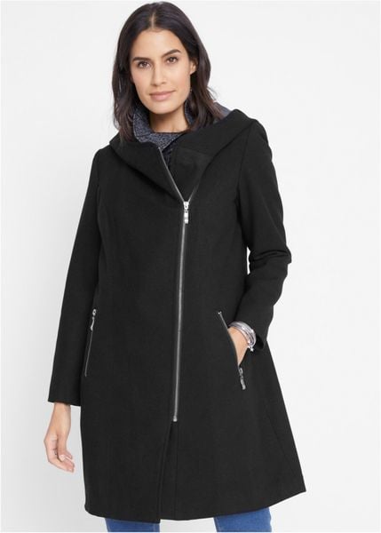 Długa kurtka z ukośnym zamkiem. Czarne kurtki bonprix, bez wzorów, bez kaptura. Za 309.99 zł.