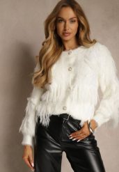 Jasnobeżowy Kardigan w Eleganckim Stylu z Imitacją Piór i Perłowymi Guzikami Nessea. Brązowe swetry Renee, s, bez wzorów, z jeansu, eleganckie, bez ramiączek. Za 79.99 zł.