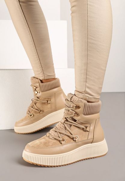 Ciemnobeżowe Płaskie Sznurowane Śniegowce Trapery Ozdobione Futerkiem Typu Baranek Temarie. Brązowe botki Born2be, bez wzorów, z jeansu, bez zapięcia. Za 94.99 zł.