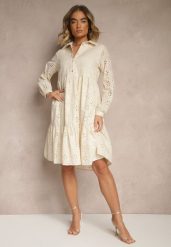 Beżowa Haftowana Sukienka z Bawełny Folisse. Brązowe sukienki Renee, l, bez wzorów, z bawełny, eleganckie, bez kołnierzyka, bez ramiączek, midi. W wyprzedaży za 119.99 zł.