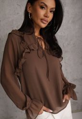 Brązowa Bluzka w Stylu Coquette z Falbankami i Wiązaniem przy Szyi Seathrina. Brązowe bluzki Renee, l, bez wzorów, z jeansu, bez kołnierzyka, bez ramiączek. Za 109.99 zł.