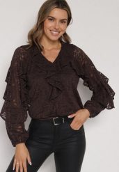 Brązowa Bluzka z Koronki Ozdobiona Falbankami Sewola. Brązowe bluzki Born2be, l, bez wzorów, z koronki, eleganckie, bez kołnierzyka, bez ramiączek. Za 139.99 zł.