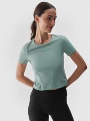 4F Koszulka do jogi i pilatesu slim szybkoschnąca damska - turkusowa S. Niebieskie t-shirty sportowe 4f, s, bez wzorów, z dzianiny, bez ramiączek, na fitness i siłownię. W wyprzedaży za 39.99 zł.