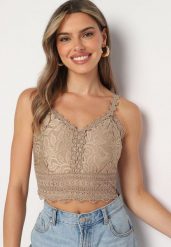 Ciemnobeżowy Top Koronkowy z Bawełny na Ramiączkach Yaldia. Brązowe topy Born2be, m, bez wzorów, z bawełny, eleganckie, bez kołnierzyka, bez ramiączek. W wyprzedaży za 38.24 zł.