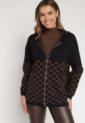 Czarny Kardigan na Suwak z Kapturem i Geometrycznym Motywem Lunetusa. Czarne swetry Born2be, l, bez wzorów, z jeansu, eleganckie, bez ramiączek. Za 99.99 zł.