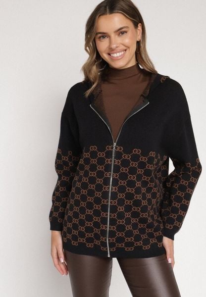 Czarny Kardigan na Suwak z Kapturem i Geometrycznym Motywem Lunetusa. Czarne swetry Born2be, l, bez wzorów, z jeansu, eleganckie, bez ramiączek. Za 99.99 zł.