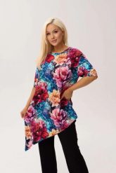 Wiskozowa tunika asymetryczna Capri Peony w print w piwonie OVERSIZE PLUS SIZE XXL WIOSNA LATO. Białe tuniki Moda Size Plus Iwanek, l, bez wzorów, z dzianiny, eleganckie, z asymetrycznym kołnierzem, bez ramiączek. Za 229.90 zł.
