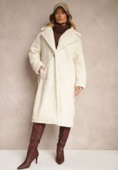 Jasnobeżowy Długi Płaszcz w Stylu Futerka Deozola. Brązowe płaszcze Renee, l, bez wzorów, z jeansu, eleganckie, bez kaptura. W wyprzedaży za 111.99 zł.
