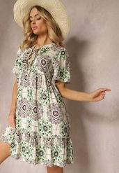 Zielono-Beżowa Sukienka z Wiskozowej Tkaniny w Mozaikowy Wzór Boho Naviera. Zielone sukienki Renee, l, bez wzorów, z materiału, boho, bez kołnierzyka, bez ramiączek, mini. W wyprzedaży za 69.99 zł.