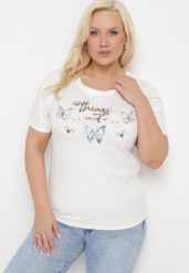 Biały Bawełniany T-shirt Koszulka z Krótkim Rękawem z Nadrukiem i Cyrkoniami Qumara. Białe t-shirty Born2be, xl, z aplikacjami, z bawełny, klasyczne, bez kołnierzyka, bez ramiączek. Za 49.99 zł.