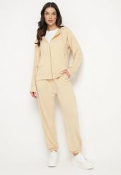Beżowy 2-częściowy Komplet Dresowy Bluza z Kapturem Spodnie z Gumką w Pasie Regulowane Tellfana. Brązowe bluzy Born2be, m, bez wzorów, z dresówki, bez ramiączek, z kapturem. Za 99.99 zł.