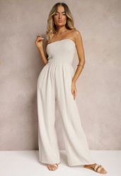 Beżowy Kombinezon z Bawełny z Długimi Nogawkami Ozdobiony Marszczoną Górą Moraena. Brązowe sukienki Renee, na co dzień, bez wzorów, z bawełny, eleganckie, bez kołnierzyka, bez ramiączek. Za 129.99 zł.