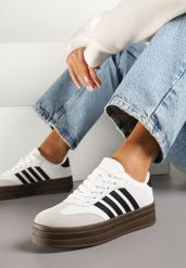 Biało-Czarne Sneakersy Kultowe Tenisówki na Grubej Podeszwie z Tłoczeniami Ellimia. Białe trampki Renee, bez wzorów, z jeansu, bez zapięcia. W wyprzedaży za 91.99 zł.