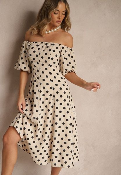 Beżowa Sukienka Hiszpanka Vices w Kropki o Rozkloszowanym Kroju Zilua. Brązowe sukienki Renee, na spotkanie biznesowe, l, bez wzorów, z materiału, retro, bez kołnierzyka, bez ramiączek, midi, rozkloszowane. Za 109.99 zł.