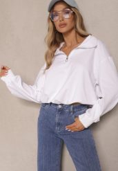 Biała Bluza ze Ściągaczem ze Stoperem i Stójką z Suwakiem Alanavira. Białe bluzy Renee, l, bez wzorów, z jeansu, bez kaptura, trekkingowe. W wyprzedaży za 47.99 zł.