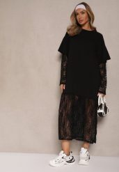 Czarna Sukienka o Kroju Typu T-shirt z Koronkowymi Rękawami i Dołem Janiscia. Czarne sukienki Renee, na co dzień, bez wzorów, z jeansu, eleganckie, bez kołnierzyka, bez ramiączek, maxi. W wyprzedaży za 71.49 zł.