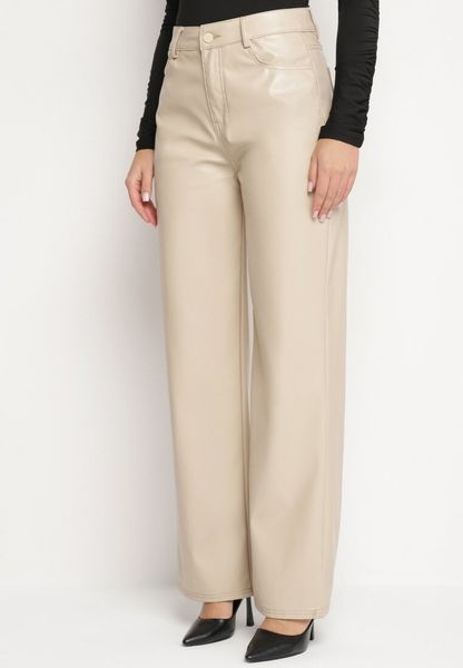 Beżowe Spodnie o Szerokim Kroju z Wysokim Stanem z Ekoskóry Enadria. Brązowe jeansy Born2be, l, bez wzorów, z jeansu, eleganckie, z podwyższonym stanem. Za 79.99 zł.