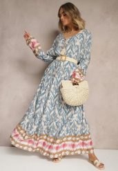 Niebieska Wiskozowa Sukienka z Printem w Stylu Boho z Chwostami Erianea. Niebieskie sukienki Renee, na co dzień, l, bez wzorów, z wiskozy, boho, bez kołnierzyka, bez ramiączek, maxi, proste. W wyprzedaży za 63.99 zł.