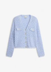 Kardigan z przędzy bouclé. Niebieskie swetry bonprix, bez wzorów, eleganckie, bez ramiączek. Za 189.99 zł.