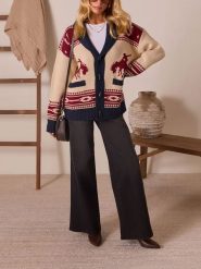 Milan Kiss Kardigan w kolorze kremowo-granatowo-czerwonym rozmiar: XL. Brązowe swetry Milan Kiss, xl, bez wzorów, ze splotem, bez ramiączek. Za 217.99 zł.