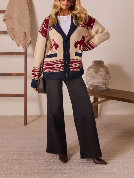 Milan Kiss Kardigan w kolorze kremowo-granatowo-czerwonym rozmiar: XL. Brązowe swetry Milan Kiss, xl, bez wzorów, ze splotem, bez ramiączek. Za 217.99 zł.