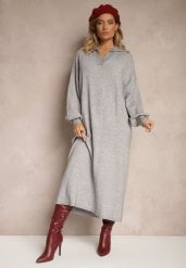 Szara Sweterkowa Sukienka z Wiskozą o Pudełkowym Kroju Ozdobiona Kołnierzykiem Clarinnae. Szare sukienki Renee, bez wzorów, z wiskozy, eleganckie, bez kołnierzyka, bez ramiączek, maxi, kopertowe. W wyprzedaży za 111.99 zł.