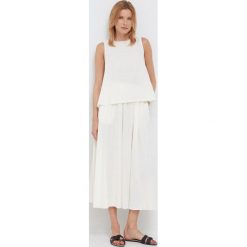 Sisley bluzka lniana kolor beżowy. Brązowe bluzki Sisley, l, bez wzorów, z tkaniny, bez kołnierzyka, bez ramiączek. Za 219.99 zł.