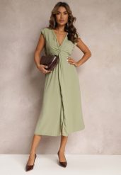 Zielona Midi Sukienka o Rozkloszowanym Fasonie z Ozdobnym Węzłem i Rozcięciem Zanondia. Zielone sukienki Renee, l, bez wzorów, bez kołnierzyka, bez ramiączek, midi, rozkloszowane. Za 119.99 zł.