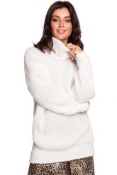 Biały Oversizowy Sweter-Tunika z Golfem. Białe swetry MOE, l, bez wzorów, z materiału, bez ramiączek. Za 203.90 zł.