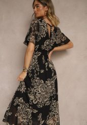 Czarna Rozkloszowana Sukienka z Wiązaniem w Kwiatowy Wzór Jeloiti. Czarne sukienki Renee, na co dzień, l, bez wzorów, eleganckie, bez kołnierzyka, bez ramiączek, maxi, proste. W wyprzedaży za 91.99 zł.