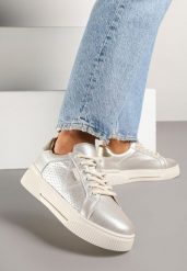 Złote Sneakersy Typu Tenisówki ze Skóry Naturalnej z Ozdobną Perforacją Vivallie. Żółte trampki Renee, bez wzorów, z jeansu, eleganckie, bez zapięcia. W wyprzedaży za 135.99 zł.