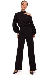 Czarny Kombinezon z Asymetrycznym Dekoltem. Czarne kombinezony MOE, l, bez wzorów, z elastanu, eleganckie, z asymetrycznym kołnierzem, bez ramiączek. Za 323.90 zł.