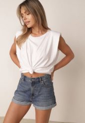 Biały Bawełniany Top Oversize Bez Rękawów z Wiązaniem i Poduszkami w Ramionach Apixie. Białe topy Born2be, bez wzorów, z bawełny, eleganckie, bez kołnierzyka, bez ramiączek. Za 69.99 zł.