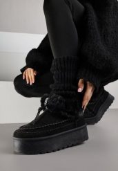 Czarne Śniegowce na Platformie Ozdobione Futerkiem i Przeszyciami Linerva. Czarne śniegowce Renee, bez wzorów, z jeansu, bez zapięcia. Za 109.99 zł.