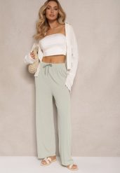 Jasnozielone Spodnie o Szerokim Kroju High Waist Ozdobione Sznurkami Harisna. Zielone jeansy Renee, z aplikacjami, z jeansu, z podwyższonym stanem. W wyprzedaży za 23.99 zł.