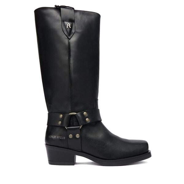 Kozaki REPLAY. Czarne kozaki Replay, bez wzorów, bez obcasa, na płaskiej podeszwie, bez zapięcia. Za 1,109.00 zł.