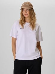 4F T-shirt loose z nadrukiem damski - biały L. Białe t-shirty 4f, l, bez wzorów, z bawełny, klasyczne, bez kołnierzyka, bez ramiączek. Za 79.99 zł.