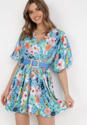 Niebieska Sukienka z Paskiem Appialla. Niebieskie sukienki Born2be, l, z aplikacjami, eleganckie, bez kołnierzyka, bez ramiączek, mini, kopertowe. Za 259.99 zł.