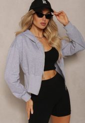 Szara Taliowana Bluza z Kapturem Zapinana na Zamek Błyskawiczny Vireapa. Szare bluzy Renee, l, bez wzorów, klasyczne, bez ramiączek, z kapturem. W wyprzedaży za 47.99 zł.