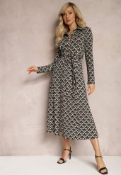 Czarno-Biała Koszulowa Sukienka Midi Ozdobiona Geometrycznym Wzorem i Wiązanym Paskiem Aripel. Czarne sukienki Renee, l, bez wzorów, z materiału, eleganckie, bez kołnierzyka, bez ramiączek, midi, koszulowe. W wyprzedaży za 143.99 zł.