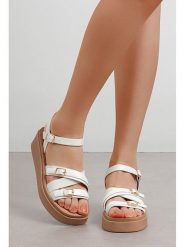 C'M Sandały w kolorze białym na koturnie rozmiar: 36. Białe sandały C'M, bez wzorów, z otwartym noskiem, bez obcasa, na koturnie, bez zapięcia. Za 113.99 zł.