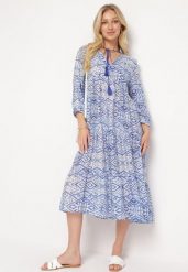 Niebieska Rozkloszowana Sukienka w Stylu Boho Wiązana przy Dekolcie z Falbankami Dimasia. Niebieskie sukienki Born2be, na imprezę, l, bez wzorów, boho, bez kołnierzyka, bez ramiączek, midi, rozkloszowane. Za 119.99 zł.