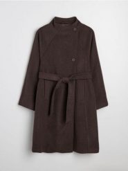 Płaszcz z domieszką wiskozy wiązany w talii - brązowy. Brązowe płaszcze Sinsay, l, bez wzorów, z wiskozy, bez kaptura. Za 119.99 zł.
